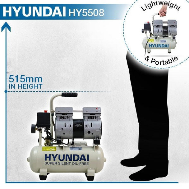 Hyundai 8 Litre Air Compressor, 4CFM/118psi, Silenced, Oil Free, Direct Drive 0.75hp