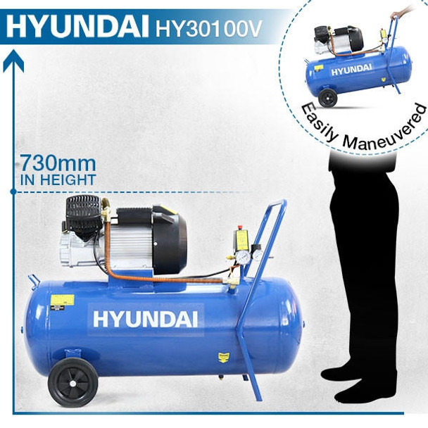 Hyundai 100 Litre Air Compressor, 14CFM/116psi, Silenced, V Twin, Direct Drive 3hp