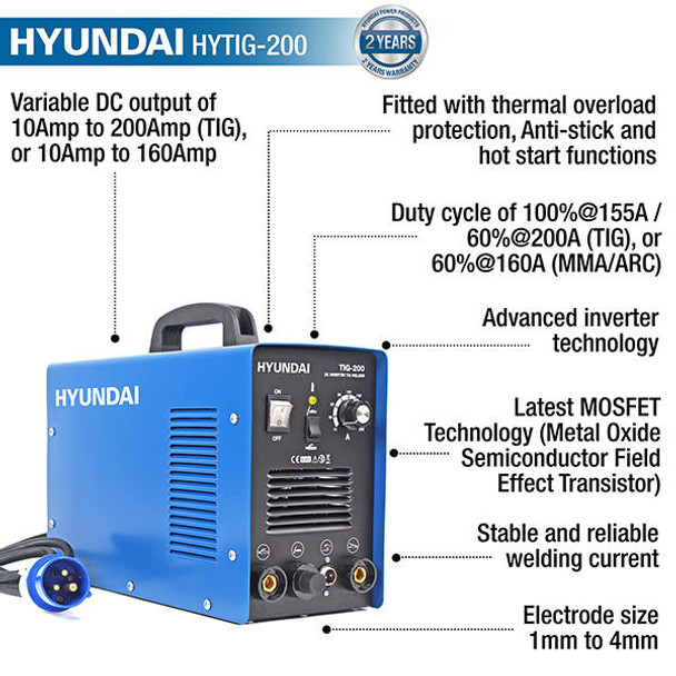 Hyundai 200Amp TIG/MMA/ARC Inverter Welder, 230V Single Phase