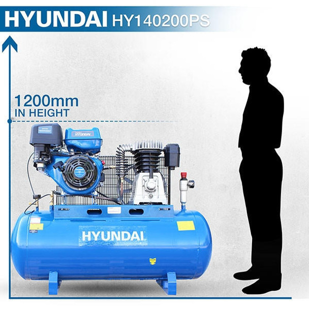 Hyundai 200L Litre Air Compressor, 29CFM/145psi, Twin Cylinder Belt Drive 14hp