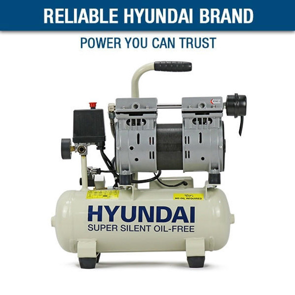 Hyundai 8 Litre Air Compressor, 4CFM/118psi, Silenced, Oil Free, Direct Drive 0.75hp