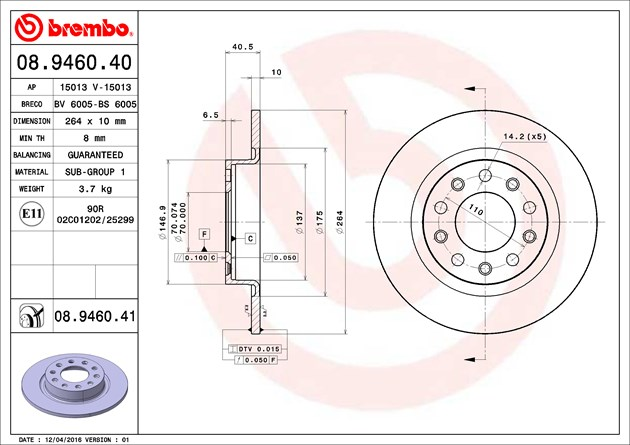 Brembo 2x Rear Brake Discs Pair Solid 08.9460.41 Alfa Romeo Giulietta