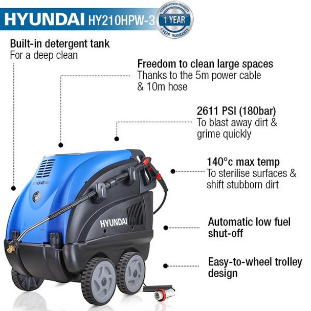 Hyundai 3050psi Hot Pressure Washer, 140 °C, 6.3kW