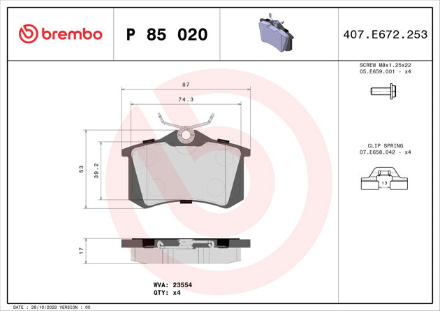 Brembo Rear Brake Pad Kit, P 85 020