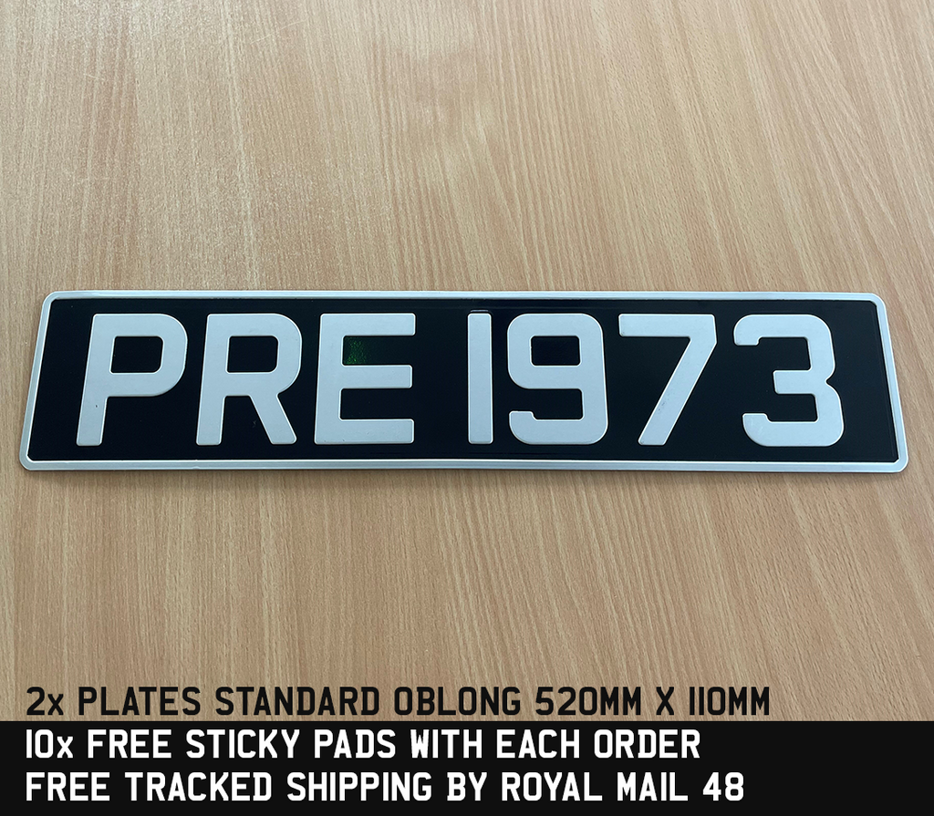 Set of 2 Oblong Black and Silver Pressed Number Plates Car Metal Classic (pair)