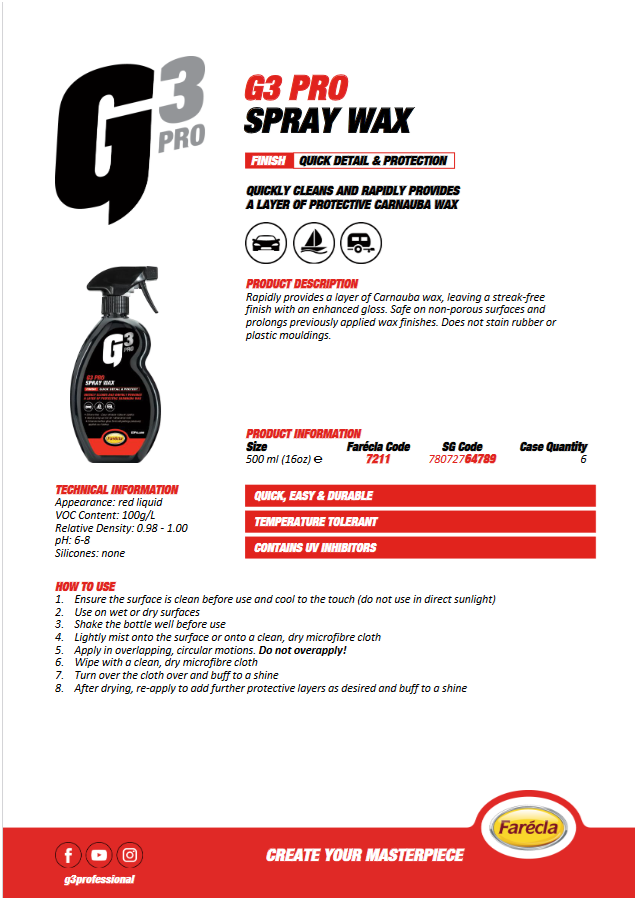 Farecla G3 Professional High Gloss Shine Spray Wax Car Paint Detailer 500ml