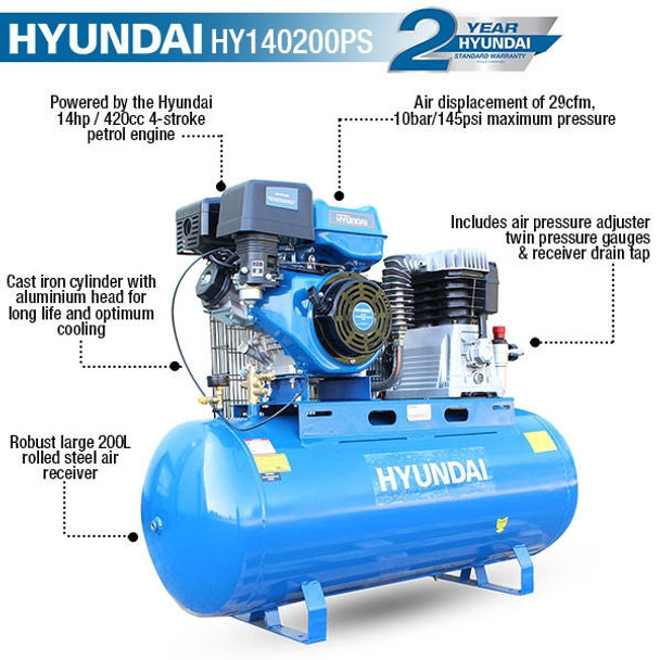 Hyundai 200L Litre Air Compressor, 29CFM/145psi, Twin Cylinder Belt Drive 14hp