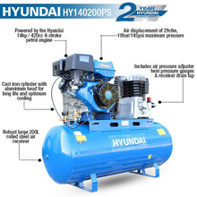 Load image into Gallery viewer, Hyundai 200L Litre Air Compressor, 29CFM/145psi, Twin Cylinder Belt Drive 14hp