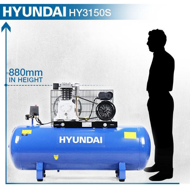 Hyundai 150 Litre Air Compressor, 14CFM/145psi, Twin Cylinder, Belt Drive 3hp